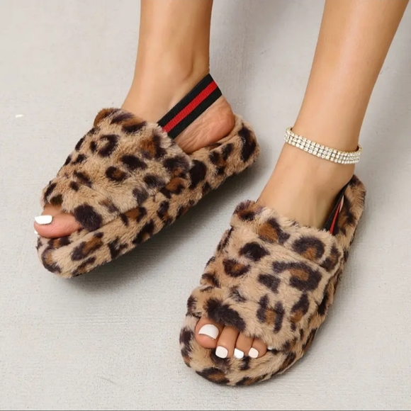 NEW ! Stylish Women's Leopard Print Soft Fluffy Indoor Outdoor Fashion Slippers - Picture 9 of 12